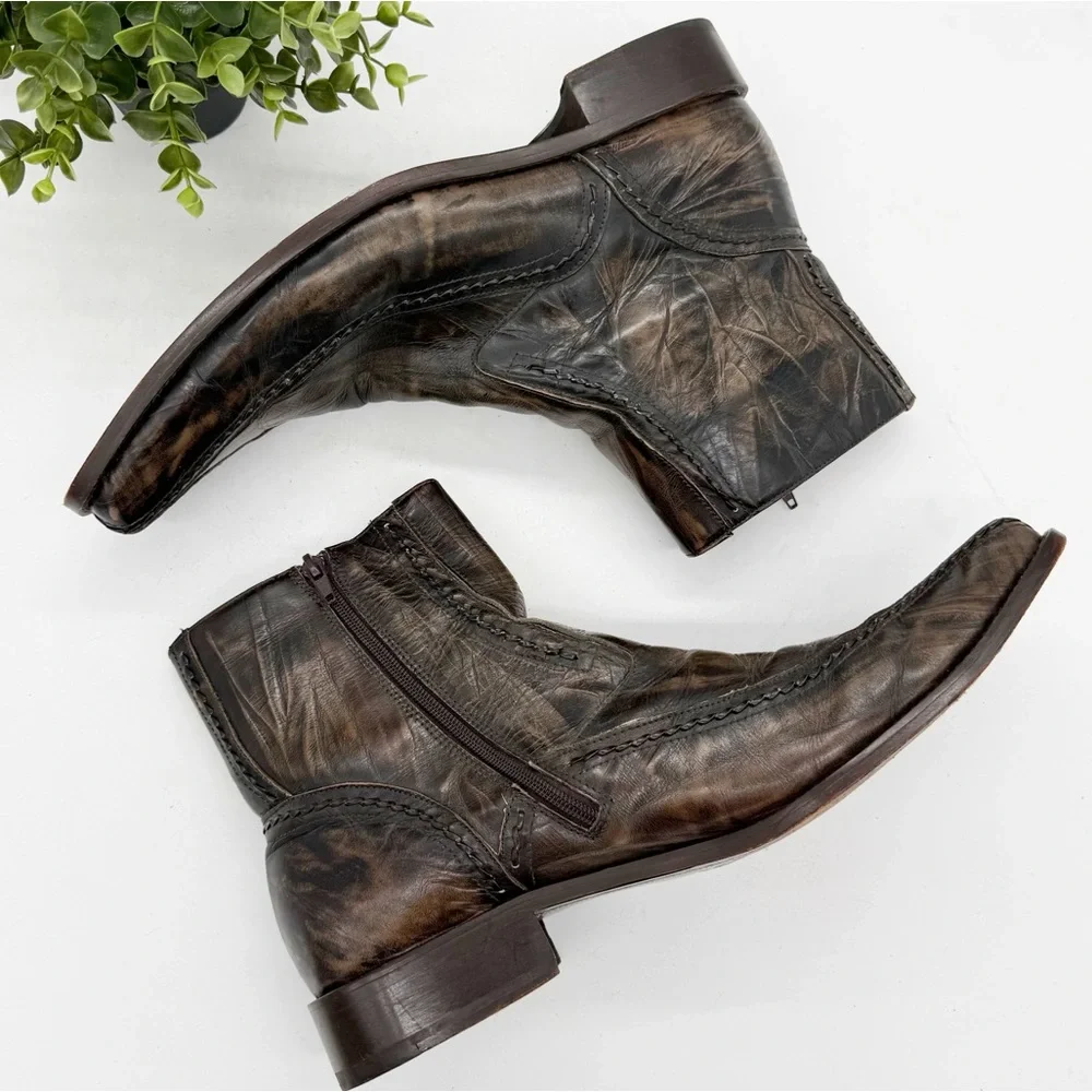 Bacco Bucci Brown Distressed Leather Western Ankle Boot Size 13 Square Toe